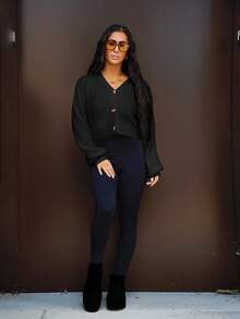 SAYEHFBABY Solid Drop Shoulder Button Up Crop Cardigan,Long Sleeve Tops,Knitted Sweater In Fall/Winter - Black - View 5