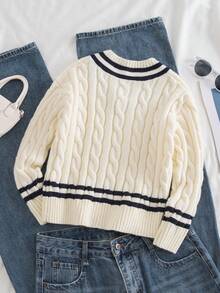 SHEIN Sweater Pullover Tebal Kasual Longgar Leher V dengan Motif Garis-Garis Kontras Warna, Biru Tua dan Putih, Musim Gugur, Sekolah, Pakaian Preppy untuk Kembali ke Sekolah untuk Anak Perempuan Remaja - Krem - View 2