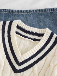 SHEIN Sweater Pullover Tebal Kasual Longgar Leher V dengan Motif Garis-Garis Kontras Warna, Biru Tua dan Putih, Musim Gugur, Sekolah, Pakaian Preppy untuk Kembali ke Sekolah untuk Anak Perempuan Remaja - Krem - View 4
