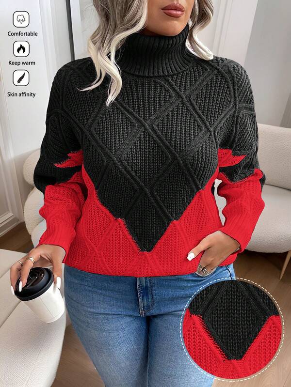 Elenzga Suéter de cuello alto de manga larga con bloques de color talla grande