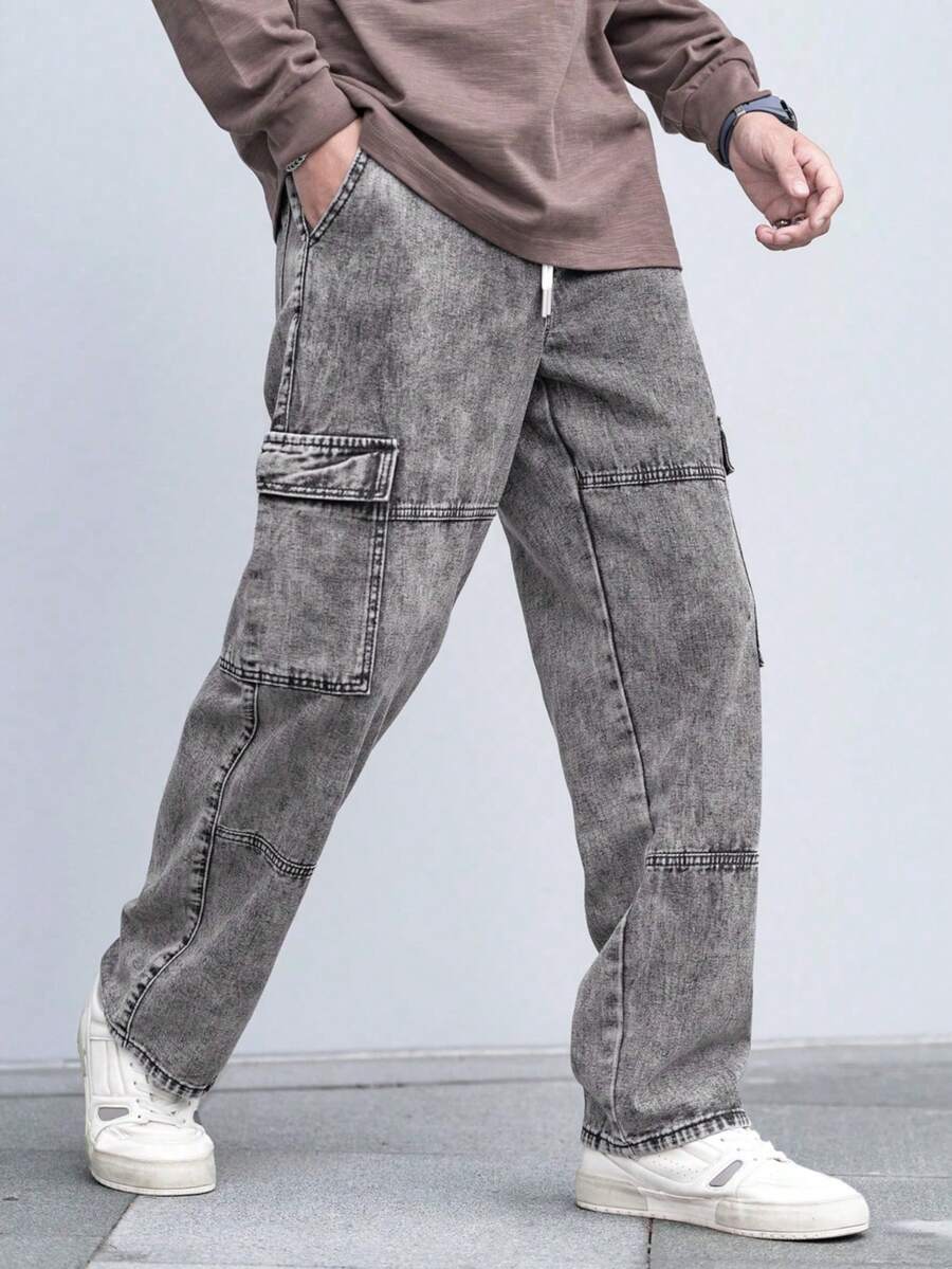 Manfinity Roughcore Men's Wide Leg Grey Denim Jeans With Cargo Pockets Long Length Casual Streetwear Back-To-School Graduation Summer - Light Grey - View 1