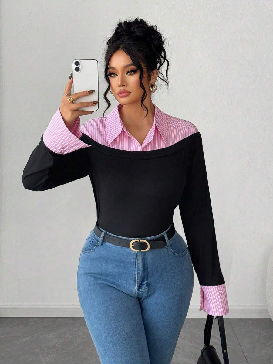 Elenzga Plus Size Women Casual Commuter Striped Splice Contrast Color Slim Fit Long Sleeve T-Shirt, Autumn/Winter - Multicolor - View 1