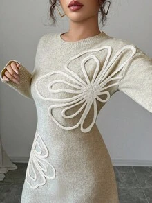 Elenzga 女士休闲碎花落肩宽松腰身毛衣连衣裙，适合日常通勤和度假，秋冬季 - 杏色 - 查看 7