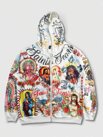 Sudadera con capucha casual de estampado gráfico con cremallera para hombre