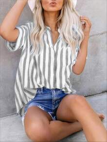 Calvaya Women's Striped Bat-Wing Short Sleeve Casual Single-Breasted Loose Blouse