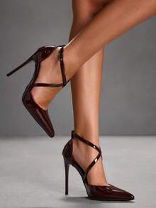 CUCCOO SZL 女士时尚深咖啡色交叉尖头细高跟鞋，镂空正装鞋，适合通勤、约会、派对、婚礼 - 咖啡棕 - 查看 3