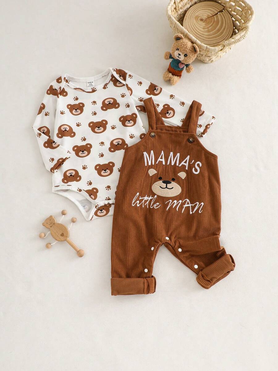 SHEIN Playful Pals 两件套男婴套装，长袖连体衣+背带裤，小熊字母刺绣，休闲卡通套装，婴儿连体衣，小熊摩卡色婴儿服装，妈妈的小绅士套装，新生儿服装，男女通用男婴小熊套装，新生儿连体衣，新生儿背带裤，1-18个月男婴服装，棕色小熊服装，新生儿男婴服装，秋冬季 - 棕色 - 查看 1