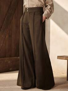 Zovinel Pantalones acampanados de cintura alta con doble botón y pliegues, elegantes y apropiados para uso diario, intelectual y urbano, adecuados para ocasiones de negocios, casuales y formales - Marrón - Ver 5