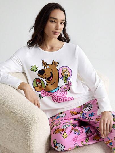 SCOOBY DOO Cartoon Pattern Round Neck Long Sleeve Top Pants Pajama Set, Sleeping Wear Women Schattige Sleep Dog Pyjama Women, Fall Clothes