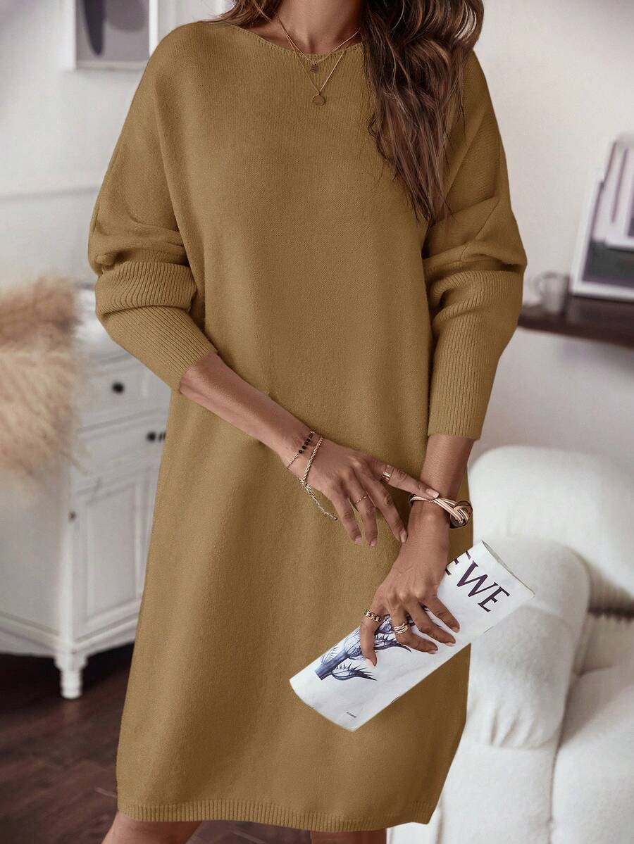 SHEIN LUNE Solid Drop Shoulder Sweater Dress In Fall/Winter - Khaki - View 1