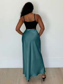 Alexandranx Women's Elegant Solid Color High Waist Skirt, Suitable For Commuting - Cadet Blue - View 2
