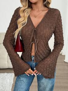 SHEIN LUNE 女士休闲棕色纹理喇叭袖系带衬衫，棕色女式衬衫，深棕色上衣，巧克力棕色上衣，棕色长袖上衣，秋季女装，长袖上衣，冬季女装，休闲款 - 棕色 - 查看 4