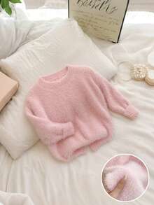 SHEIN 新款时尚百搭简约浅粉色套头针织毛衣，适合女宝宝穿着，包括婴儿针织衫、女宝宝冬季毛衣、女宝宝套头衫、保暖女宝宝服装、婴儿针织衫、婴儿毛衣、女宝宝秋冬套头衫、女宝宝毛衣、女宝宝秋季毛衣、婴儿长袖上衣、黑色婴儿上衣、女宝宝秋季毛衣。 - 粉色 - 查看 1