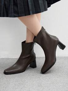 CUCCOO BIZCHIC Women's Fashion Square Toe Chunky Heel Zipper Back Soft Leather Ankle Boots, Comfortable For Daily Commute And Shopping - Coffee Brown - View 4