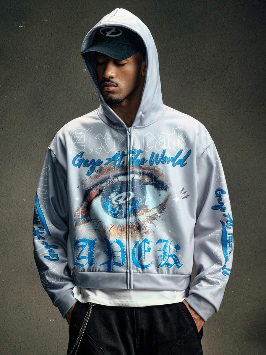 AXEPEAK Áo hoodie nam dài tay in hình mắt và chữ, kiểu dáng thường ngày, chất liệu co giãn, thích hợp cho mùa thu. - Xám - Xem 1