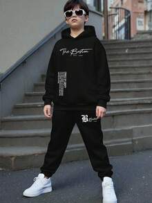 Tween-Jungen 2 Stücke Teenager Slogan Muster Lässiger Minimalistischer Hoodie Sweatshirt und Jogginghose Set, geeignet für Herbst/Winter