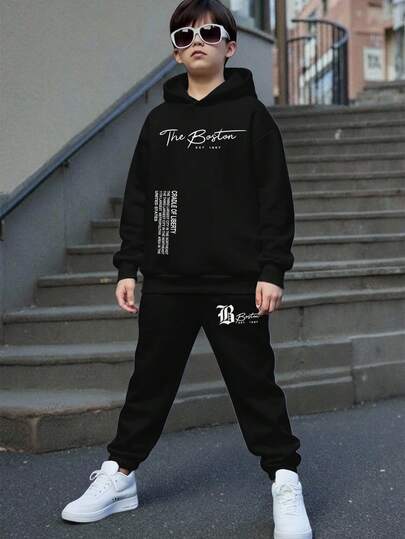 Tween-Jungen 2 Stücke Teenager Slogan Muster Lässiger Minimalistischer Hoodie Sweatshirt und Jogginghose Set, geeignet für Herbst/Winter