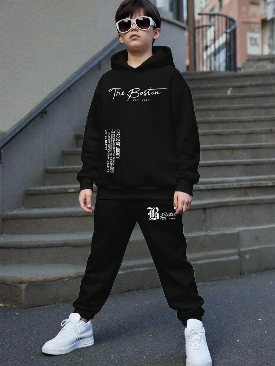 Tween-Jungen 2 Stücke Teenager Slogan Muster Lässiger Minimalistischer Hoodie Sweatshirt und Jogginghose Set, geeignet für Herbst/Winter