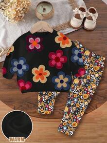 Baby Girl Casual Cute Textured Ditsy Floral Soft Thick Crew Neck Long Sleeve Sweatshirt & Fitted Ditsy Floral Leggings Set, Suitable For Autumn/Winter Multi Colored Toddler Outfit For Girls Flower Toddler Outfit Two Piece Toddler Girl Outfit Toddler Girl Long Sleeve Outfit Flower Two Piece Set Toddler - Multicolor - View 3