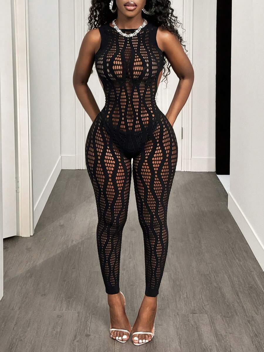 BamGleam 女士性感镂空网纱露背无袖连体衣 - 黑色 - 查看 1