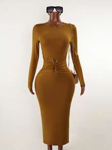 Sirith Metal Decor Waist Fitted Long Sleeve Dress, Everyday Wear - Brown - View 6