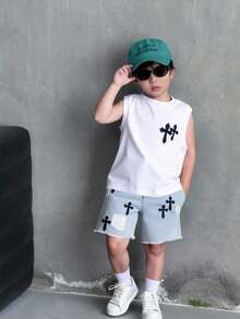 男童休闲舒适百搭无袖上衣和牛仔短裤套装