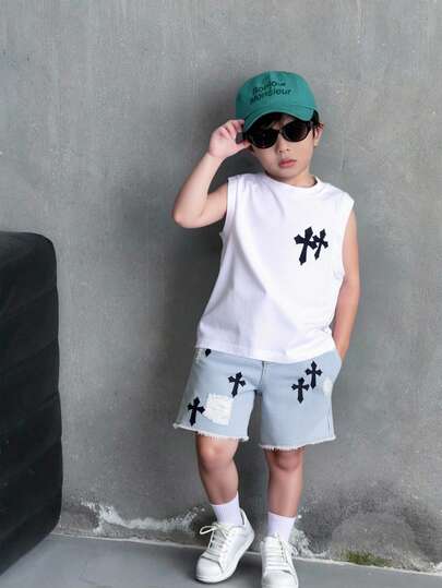 Young Boys Casual Comfortable Versatile Sleeveless Top And Denim Shorts Set