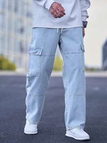 Manfinity Hypemode 宽松男士明线缝制抽绳腰带工装牛仔裤 - 淺色水洗藍 - 查看 5