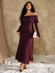 Roveilla 大码女式法式休闲牡丹花卉露肩鱼尾连衣裙 - 中紫紅色 - 查看 4