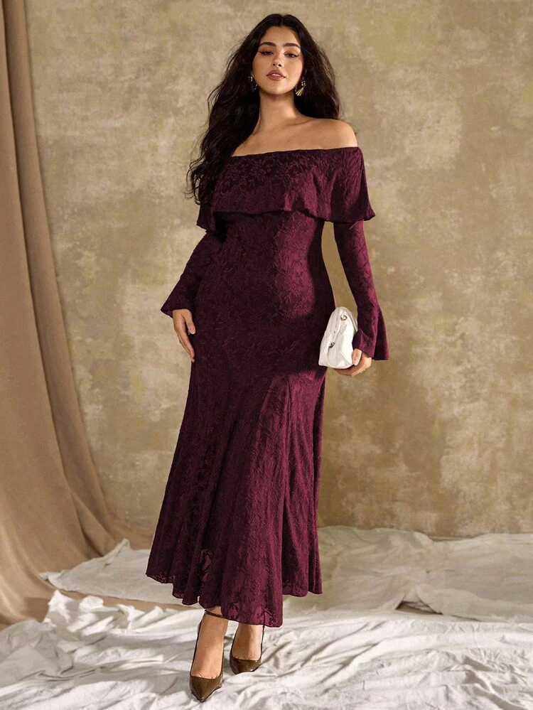 Roveilla فستان كاجوال بأسلوب فرنسي للنساء كبيرات الحجم بطبعة زهور الفوانيس على الكتف وذيل سمكة - أحمر بنفسجي - مشاهدة 4