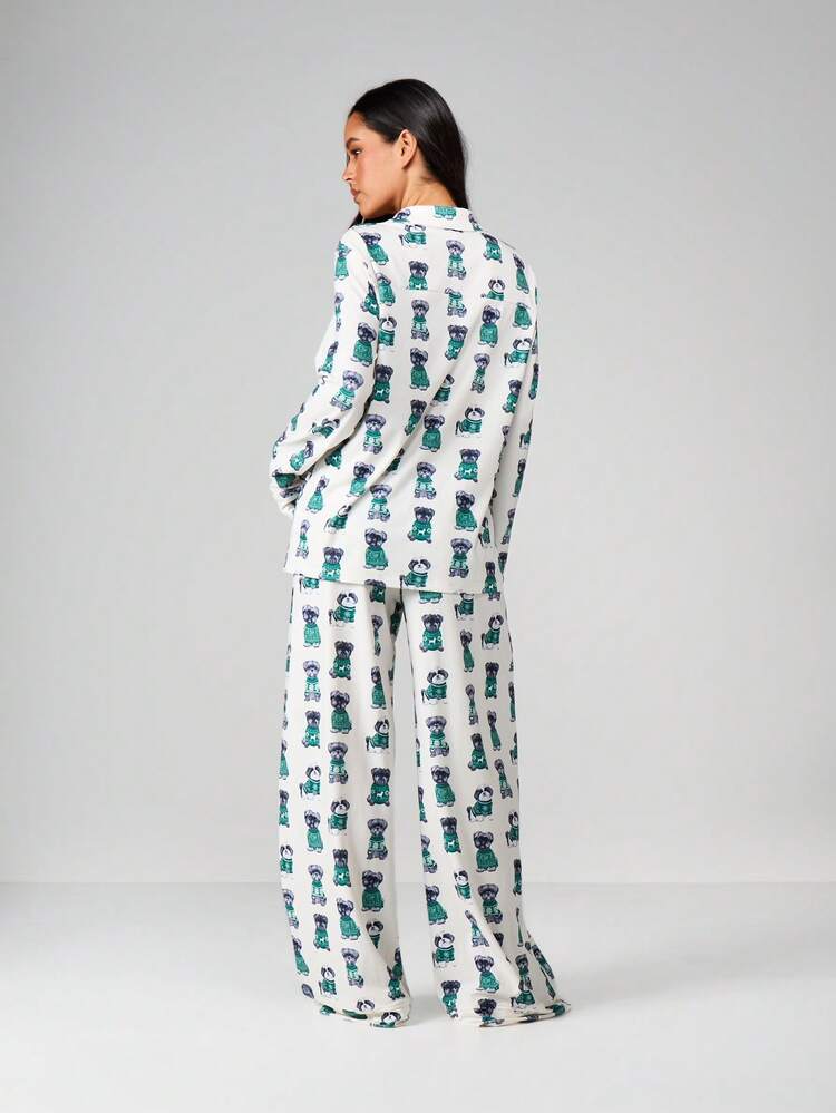 MISSGUIDED Cute Dog Print Long Sleeve Button Up Pajama Set For Women Sleepwear Lounge Matching Top Bottom