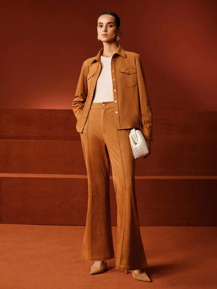 Women's Fall/Winter Long Sleeve Cardigan & Suede-Like Utility Shirt, Flared Pants 2 Pieces Set, Versatile, Elegant, Chic, Stylish, Business Casual