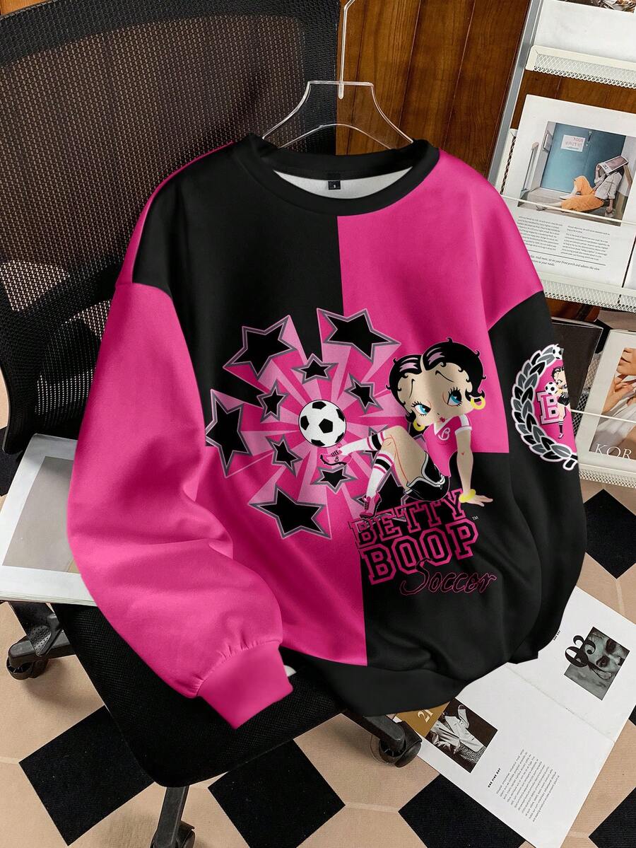 Betty Boop x SHEIN Women's Casual Colorblock Cartoon Pattern Round Neck Drop Shoulder Oversize Sweatshirt, Autumn