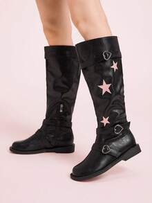 CUCCOO DOLLMOD Women's Mid-Calf Boots With Star & Heart Buckle Decor, Cute & Versatile - Black - View 3