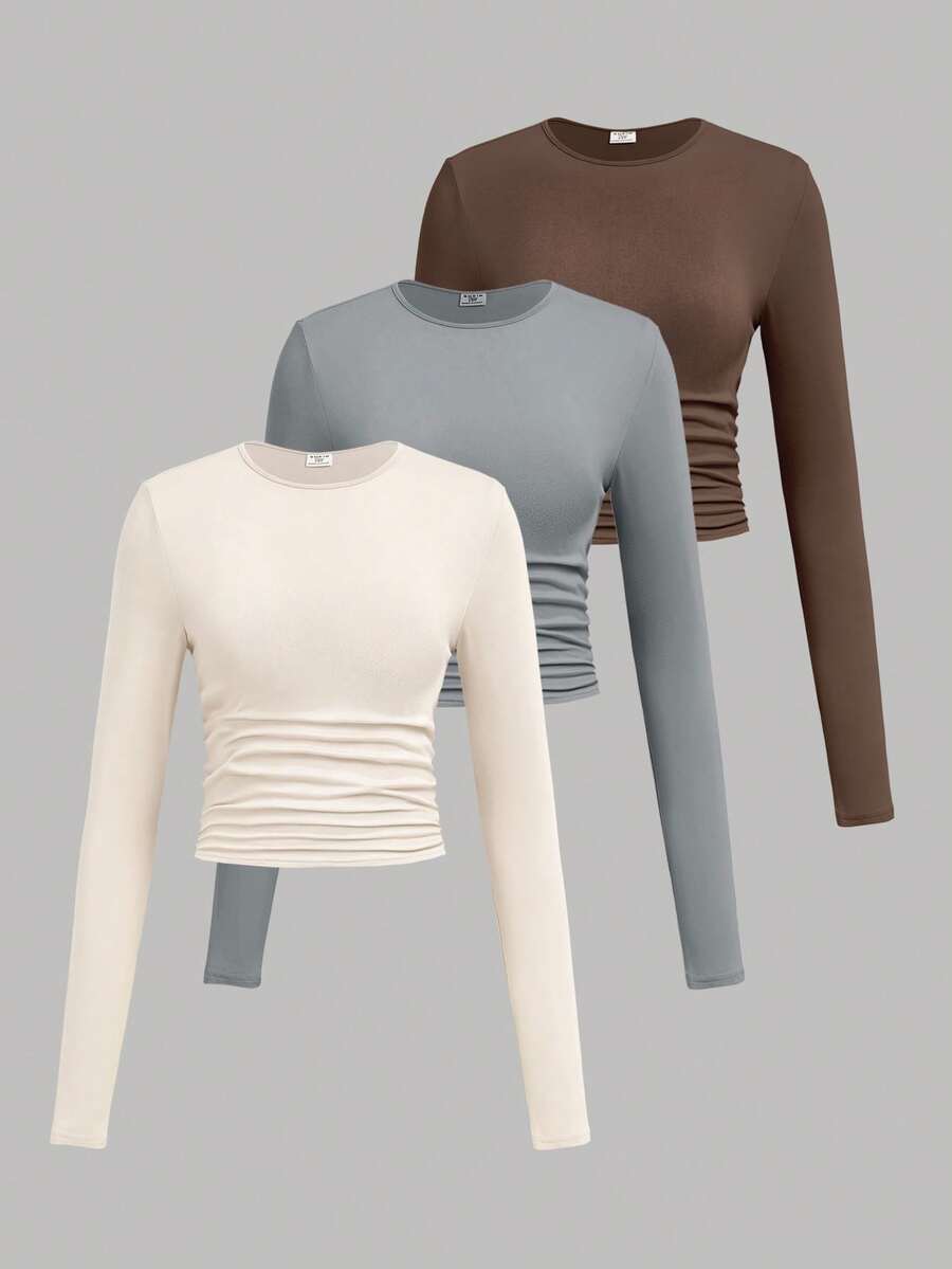 SHEIN Girlism 3件套少女纯色圆领褶皱长袖T恤紧身衣3件装青少年紧身长袖上衣紧身衣 - 彩色 - 查看 1