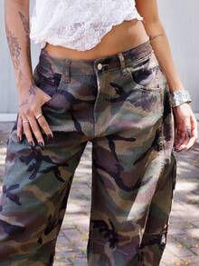 Rayane Ketlyn 女式休闲水洗迷彩喇叭牛仔裤 - 軍綠色 - 查看 4