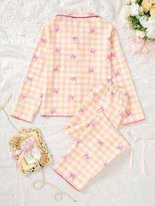 SHEIN Genkimix Kids 女学生睡衣套装，可爱蝴蝶格子印花长裤和开衫，长袖休闲两件套家居服，适合青少年女孩 - 彩色 - 查看 2
