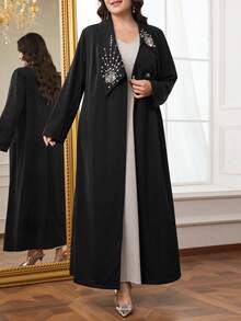 Al Najma Áo choàng Abaya Ả Rập thanh lịch tay dài đính hoa đính đá cỡ lớn cho nữ - màu đen - Xem 7