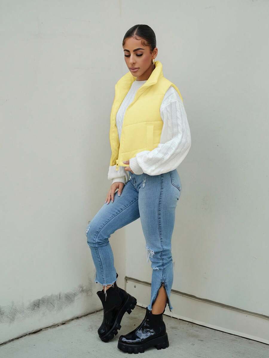 SAYEHFBABY Chaleco acolchado corto con cremallera reversible y botones de pana amarillo casual para mujer en otoño/invierno - Amarillo - Ver 1