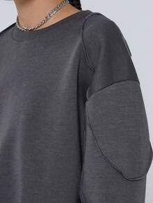 COUREZ 宽松圆领卫衣，外露缝线/Y2K风格女式冬季服装，冬季上衣运动套装，女士套装 - 深灰色 - 查看 6