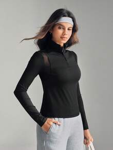 SHEIN Sports Women's Letter Print Long Sleeve Zip-Up Half Placket Fitted Sweatshirt Long Sleeve Active Wear - Black - View 1