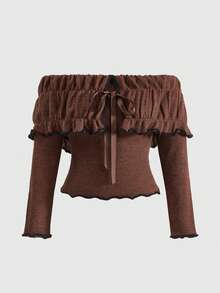 ROMWE Fairycore 大码女式露肩复古蝴蝶结腰部毛衣 - 棕色 - 查看 5