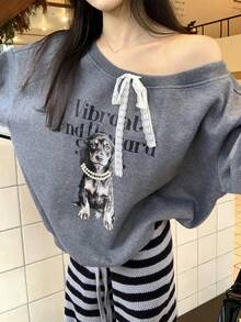DAZY Sweat-shirt en polaire pour femmes, automne/hiver, épaule oblique dénudée, imprimé chiot décontracté, décoration de perles, lacets bicolores, style ado - Gris foncé - Voir 4