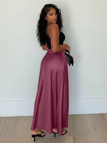 Alexandranx High Waist Solid Maxi Satin Skirt Burgundy Color Women Outfit - Burgundy - View 5