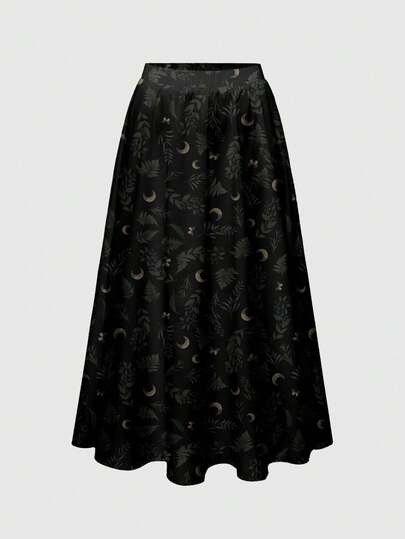 Dark Gothic Mysterious Forest-Inspired Sun, Moon, Star & Plant Print Loose Plus SSkirtkirt