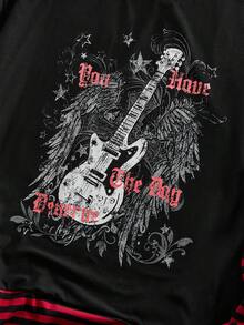 ROMWE MEN Grunge Punk Áo thun nam tay dài in họa tiết đàn guitar kẻ sọc 2 trong 1 - màu đen - Xem 3