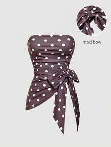 SHEIN MOD Women's White Polka Dot Asymmetric Diagonal Hem Strapless Top,Summer 70's 70s Retro Party Oversized Bow Vintage Y2K Date Festive Birthday Christmas - Mocha Brown - View 2