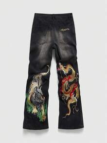 ROMWE MEN Anime Quần jean ống rộng dáng rộng thêu rồng Trung Quốc cho nam - màu đen - Xem 3