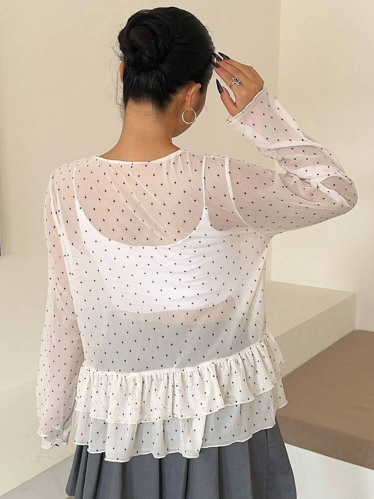 Dazy Plus Long Sleeve Polka Dot Patchwork Layered Casual T-Shirt With Round Neck, White, Spring/Autumn