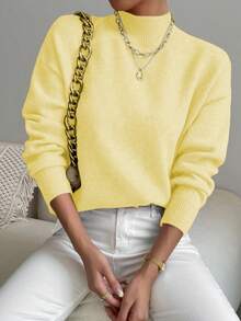 EMERY ROSE Women's Solid Color Turtleneck Long Sleeve Minimalist Everyday Pullover Sweater - Light Yellow - View 5